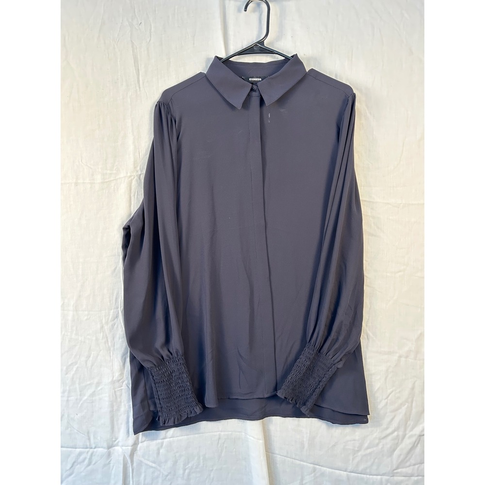 Express Womens XL Dark Smocked Ruffle Cuff Hidden Button Down Blouse #2264